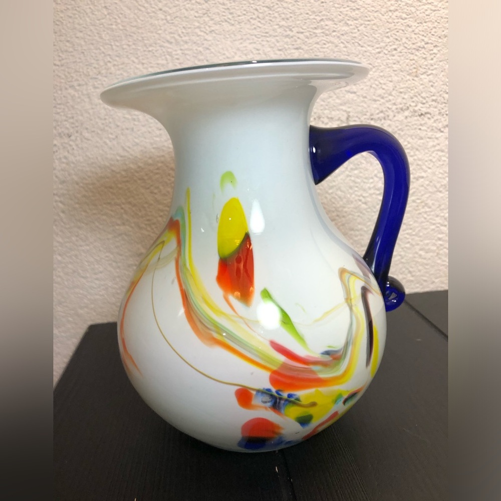 Blown Glass Vase Pitcher White Multi Color Abstract Swirls Cobalt Blue Handle